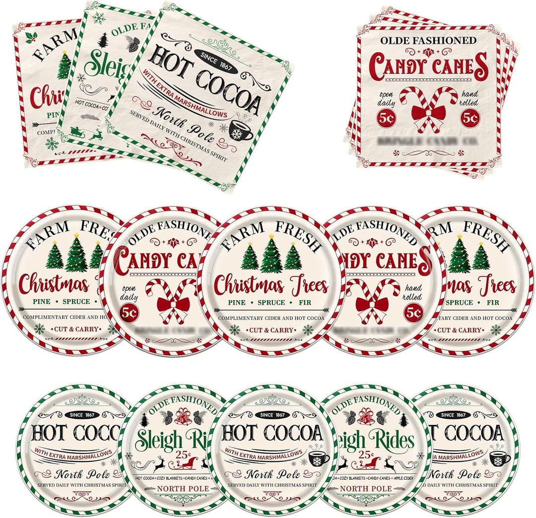 Gupesxu 60Pcs Vintage Christmas Party Decorations,Christmas Party Plates and Napkins Retro Xmas Text Hot Cocoa Xmas Tree Tableware for Winter Holiday Party Serve 20