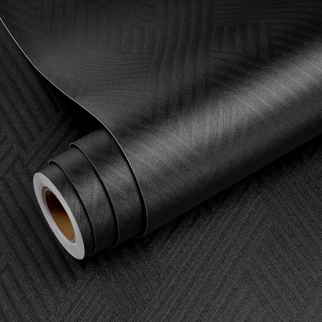 YENHOME 30"X200" Textured Peel and Stick Wallpaper Peel and Stick Removable Textured Geometric Accent Wall Paper Black Contact Paper for Cabinets and Drawers Walls 3D Black Wallpaper