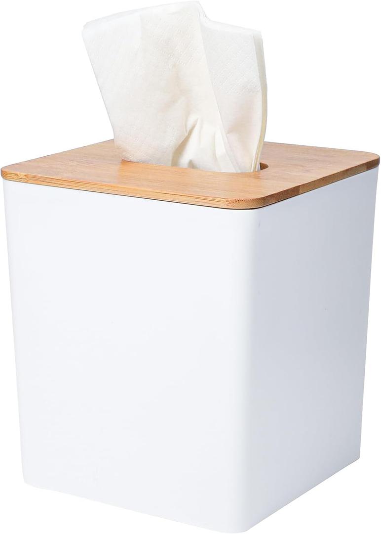 Tissue Box Cover Square,Tissue Box Holder with Bamboo Lid,Tissue Dryer Sheet Holder for Modern Farmhouse Boho Decor,1 Pack,(White)