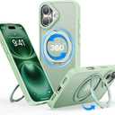 QTlier for iPhone 16 Case, 360 Rotatable Ring Stand, Raised Camera Frame, Shockproof Case Compatible with MagSafe, Case for iPhone 16, Translucent Avocado Green