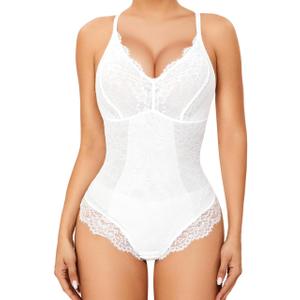 Vorcy Lace Bodysuit for Women Tummy Control Backless Top V-Neck Shapewear Bodysuit (XX-Large, White)