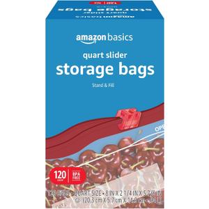 Amazon Basics Slider Quart Food Storage Bags with Stand-Up Bottom, Easy to Fill, BPA Free, 120 Count (Previously Solimo)