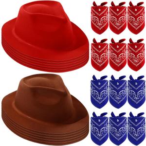 Haysandy 24 Pcs Western Cowboy Party Hats with Bandanas,Red,Brown | Kids Costume Supplies, Western Theme Decorations, Felt Hats with Paisley Bandanas, Dress up Accessories for Costume Party, 13 x 11.8 x 3 inches, One Size