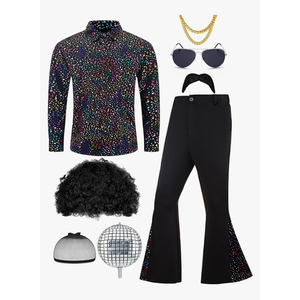 70s Disco Outfit for Men 70s Costume with Retro Shirt Bell Bottom Pants Wig Sunglasses Necklace Mustache XXL