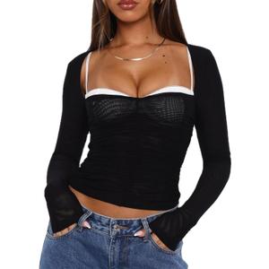 XFLnaraz Womens Mesh Long Sleeve Tops Square Neck See Through Slim Fit Cropped Backless Going Out Shirts Blouse Streetwear (Medium, Black)