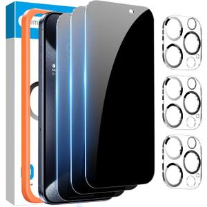 Fotbor [3+3 Pack for iPhone 15 Pro Privacy Screen Protector & Camera Lens Protector, Privacy Screen iPhone 15 Pro, Anti Spy Private Tempered Glass Easy Installation Kit 6.1 Inch Accessories