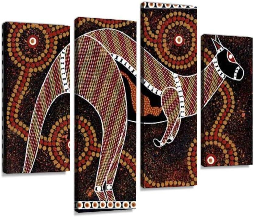 4 Panels Canvas paintings - aboriginal dot painting, kangaroo primitive arts and pictures - Wall Art modern Posters Framed Ready to Hang for Home Wall Decor
