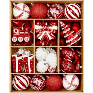 Alupssuc 82pcs Christmas Balls Ornaments Set, Delightful Classic Gift Set, Shatterproof Plastic Decor for Xmas Tree Holiday Wedding Party Decorations with Hanging Strings, Red and White