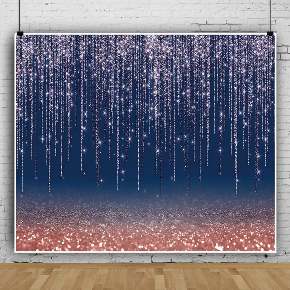 Navy Blue Glitter Backdrop 12x10ft Rose Gold and Blue Background for Photography Birthday Graduation Wedding Baby Shower Party Decorations Cake Table Banner Photo Booth Props