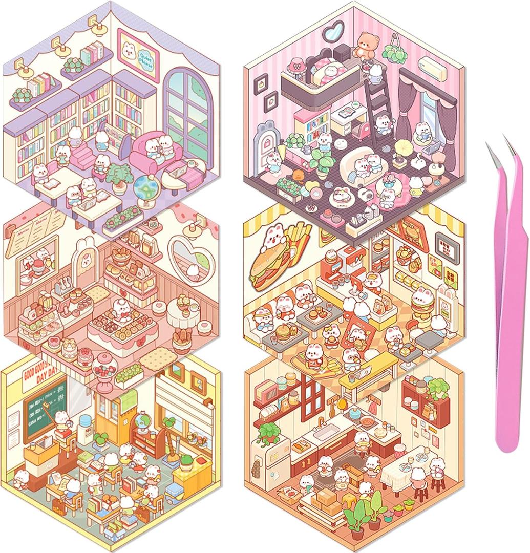 DIY 3D Sticker Scene 6 Sets of Stickers for Girls Make Your Own Mini Shop Scenes Stickers for Kids Cute Cartoon Animal Sticker for Adult Relief Stress Pass The Time