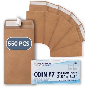 MOS #7 Brown Coin Envelopes 3.5 x 6.5 Inch 550 Pack  Self-Seal Kraft Money Envelopes for Cash, Budgeting, Savings Challenges, Seed Storage, Small Parts