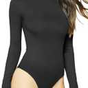 MANGDIUP Women's Round Collar Long Sleeve Elastic Bodysuit Jumpsuit (Large, Black)