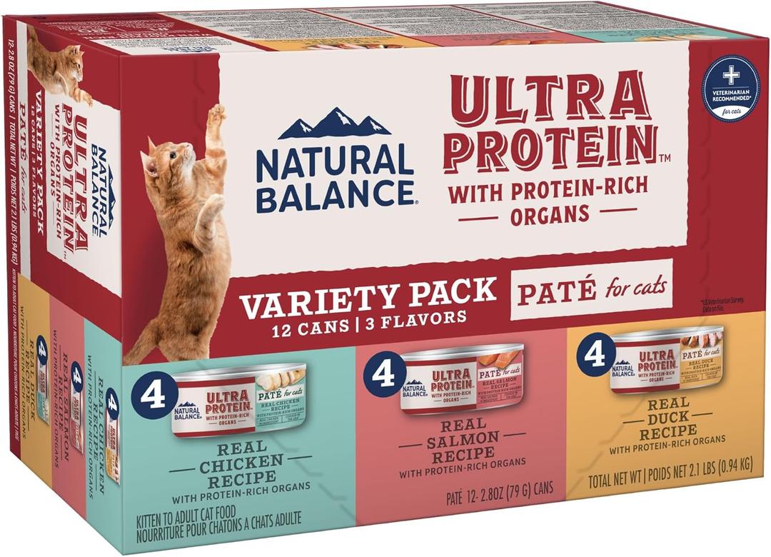 Natural Balance Ultra Protein Wet Cat Food Pate with Protein-Rich Organs for Cats, Variety Pack Recipes, Pate Cat Food with High Protein - 2.8oz. Case of 12