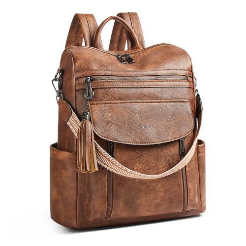 Shrrie Laptop Backpack for Women 15.6 inch, Travel Leather Backpack Purse Nurse Teacher Carry on Backpack Computer Bag, Professional Water-Resistant College Business Work Casual Daypack, Two-toned Brown