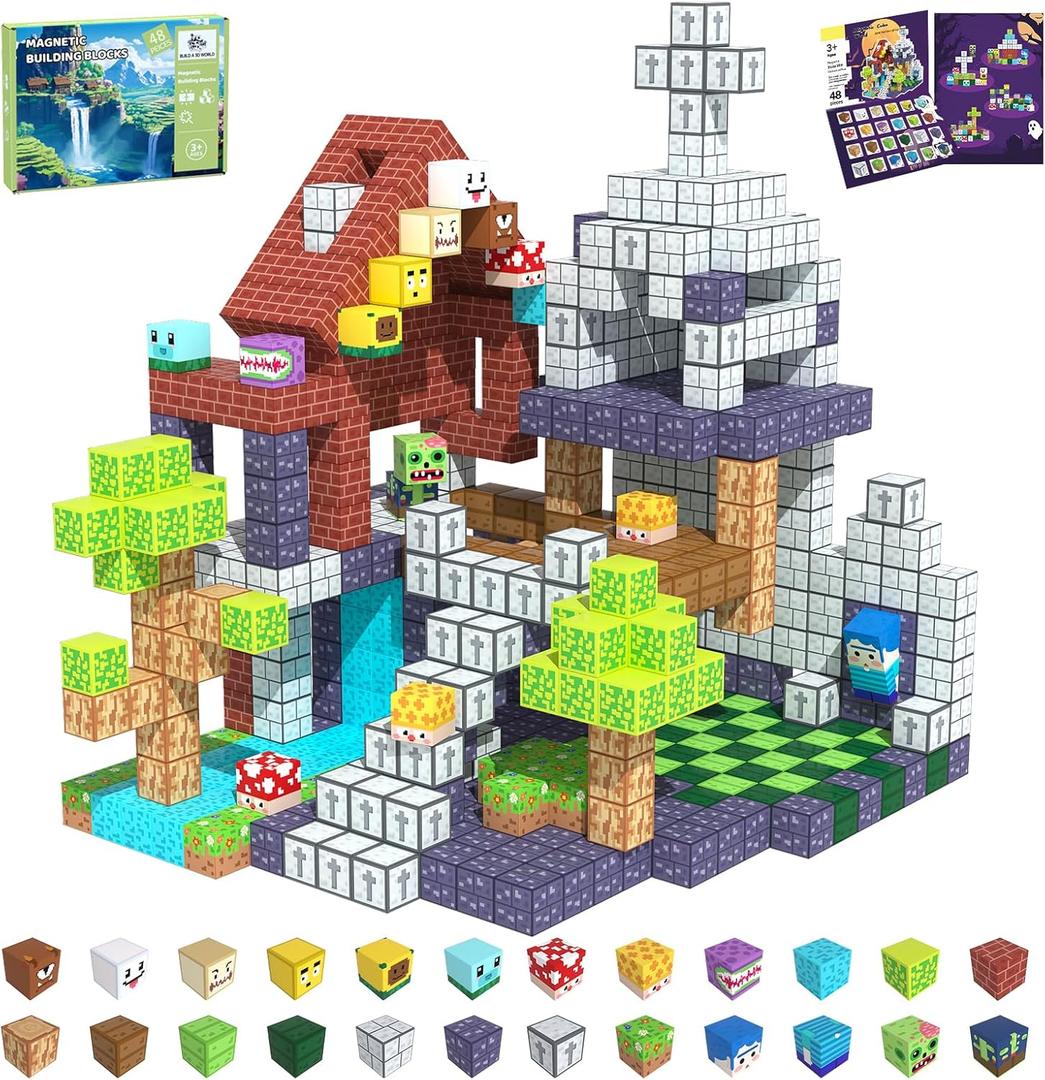 Magnetic Blocks Building Toys for Kids Ages 3+, 48 PCS Magnetic Blocks for Kids Ages 4-8, Magnet Cubes, STEM Sensory Toys for Boys & Girls, Birthday Gifts for Kids