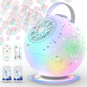Rechargeable Bubble Machine - Auto 90°/360° Rotation, Remote Control(65-131ft), 9-Color LED, Larger Bubbles Design, Bubbles Maker Toys Gifts for Kids, Toddlers, Birthday, Parties, Wedding, Boys, Girls