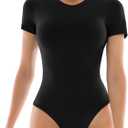 Walifrey Short Sleeve Bodysuits for Women Round Neck Basic Stretchy T Shirts Bodysuits Tops (Medium, Black)