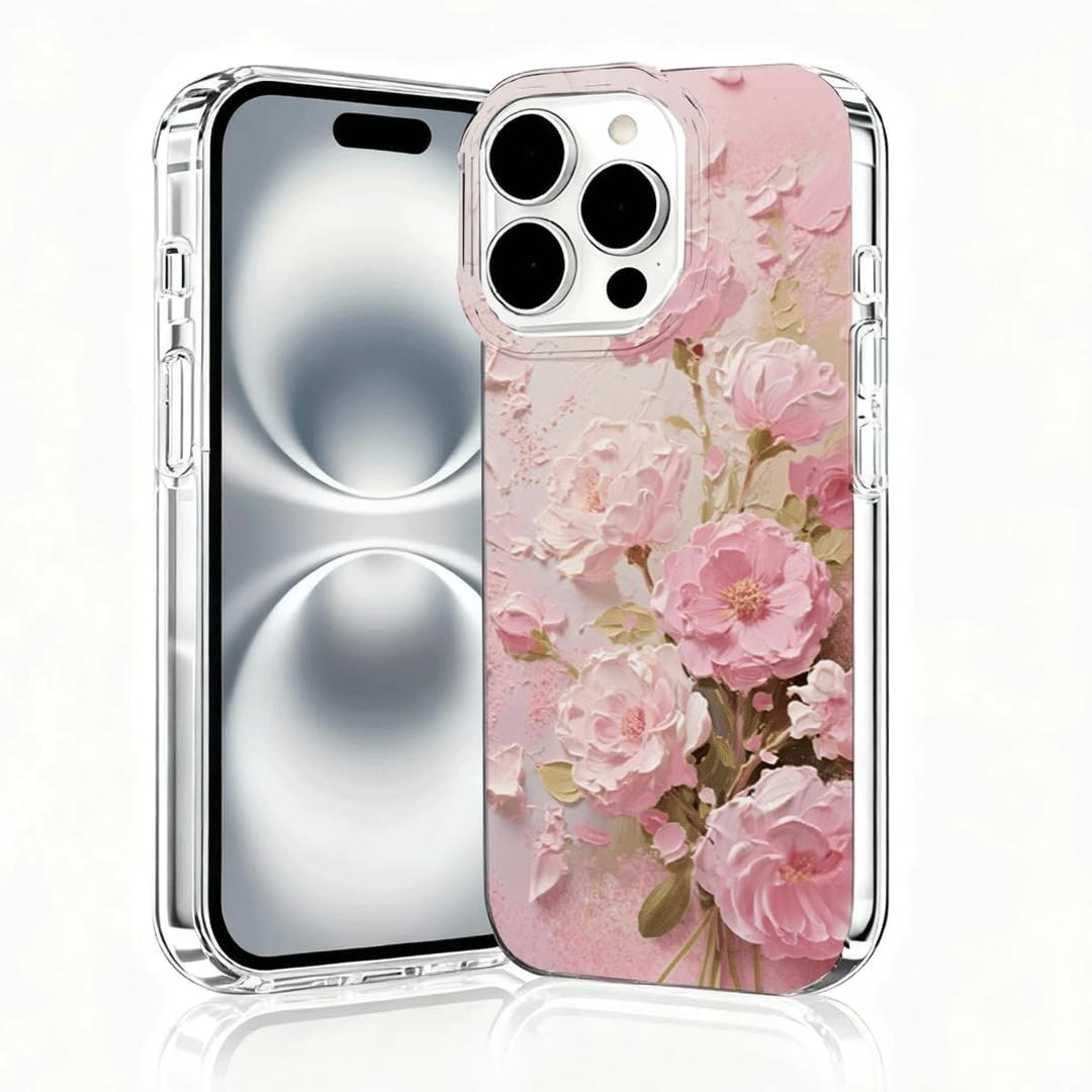 for iPhone 16 Pro Max Case, Floral Clear Case, Cute Floral Pattern Flower Design, Pink Peony Flowers Phone Cases, Scratch Resistant Shockproof Cover, Aesthetic Phone CoverB135
