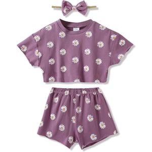 WESIDOM Toddler Girl Clothes Baby Girls Outfits 6M-5T Summer Floral Print Shirt+Shorts+Headband 3pcs Baby Clothing (18-24 Months, Air Purple)