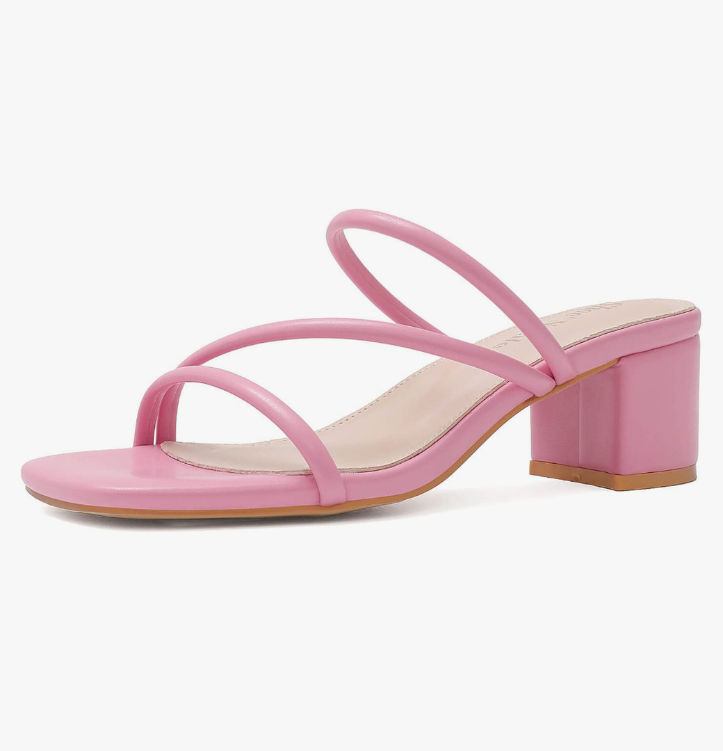 Shoe'N Tale Strappy Heels For Women Low Chunky Block Heel Heeled Sandals Square Open Toe Slip On Slides Mules, Pink, Size 9