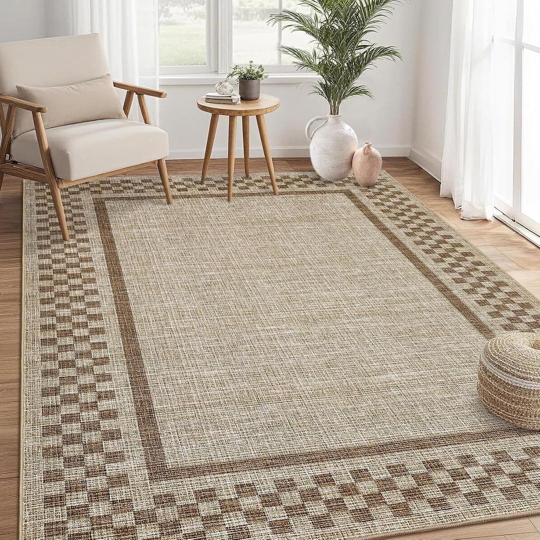 GarveeHome 5x7 Washable Area Rug for Bedroom Living Room Non Slip Modern Bordered Throw Rugs Low Pile Soft Checkered Dining Room Area Rugs Geometric Throw Carpet for Kitchen Nursery Office, Taupe
