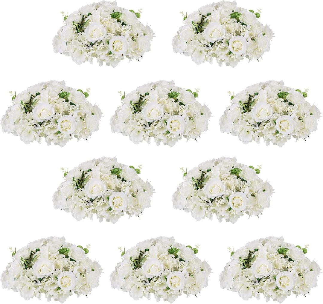 NUPTIO Flower Ball Arrangement Bouquet - 10 Pcs 15.7 inch Diameter White Fake Flowers Roses Balls for Centerpieces Tables - Artificial Rose Arrangements for Wedding Centerpiece Table Decorations