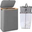 iEGrow 150L Laundry Hamper with Lid-Large Laundry Basket with Bamboo Handles, Grey Hampers for Laundry, Dirty Clothes Hamper with 2 Removable Inner Bags for Clothes Towels