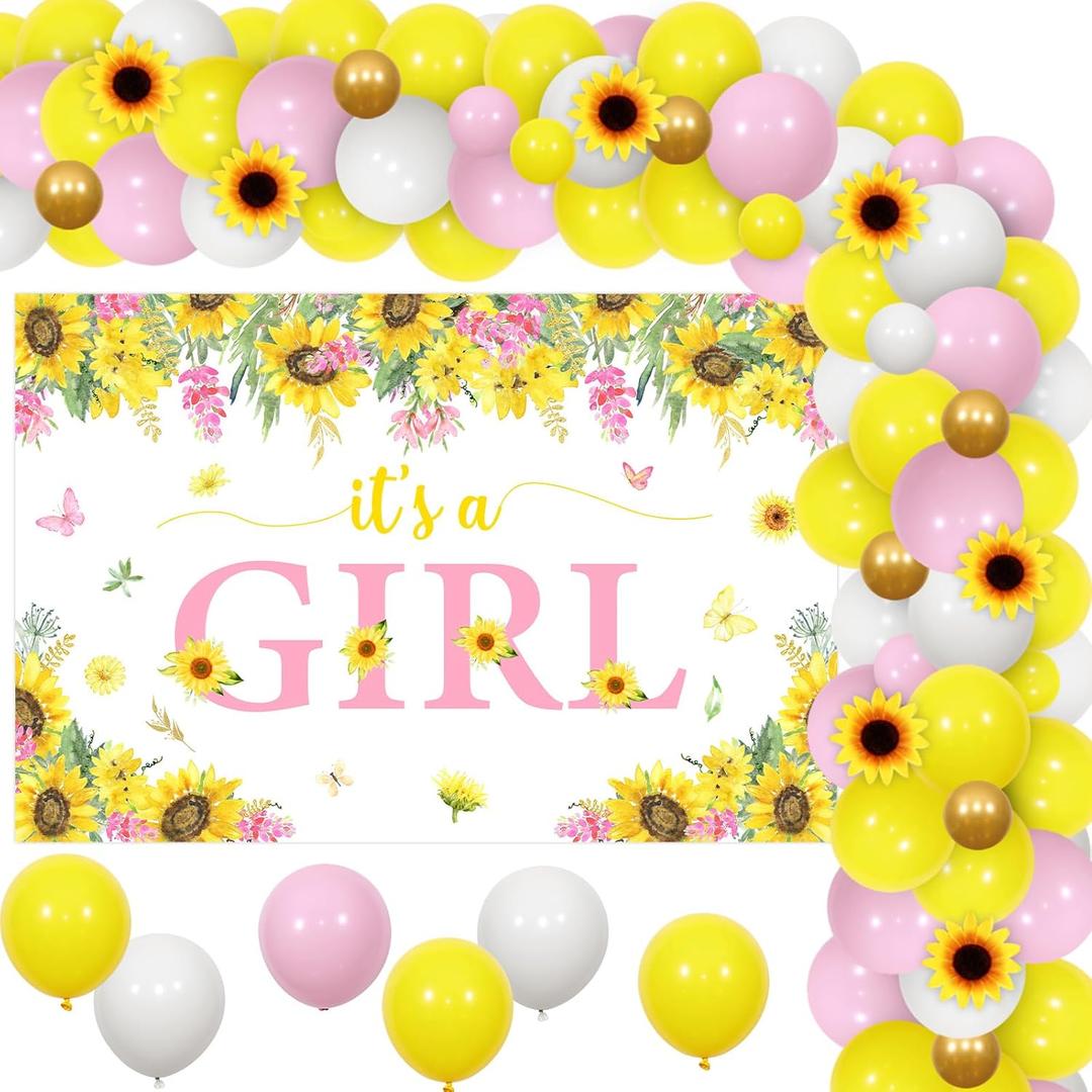 Jollyboom Sunflower Baby Shower Decorations - It's a Girl Backdrop Balloon Garland Arch Kit with Simulated Sunflower Flowers