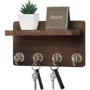 Nekon Key Holder Wall Mount, 8.5 Inch Small Home Decor Wooden Wall Organizer with 4 Hooks and Shelf, Wall Decor for Living Room Entryway Kitchen (Brown)