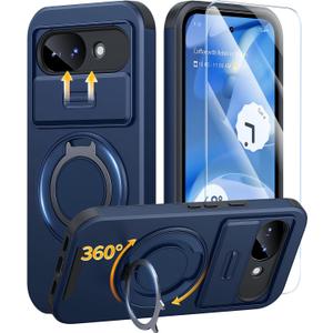 JAME for Google Pixel 10A Case, Ring Holder Stand Kickstand, Slide Camera Cover with Screen Protector, Dual-Layer Shockproof Protective, Magnetic Accessory Friendly Google Pixel 10a Phone Case, Blue