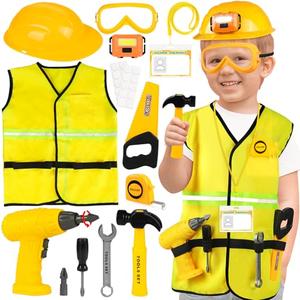 HUUIDY Construction Worker Costume for Kids, Toddler Dress Up Clothes with Kids Tool Set, Construction Vest & Hat, Helmet Light, Electric Drill, Toddler Costumes Pretend Play Toys for Boys Gift Age 4+