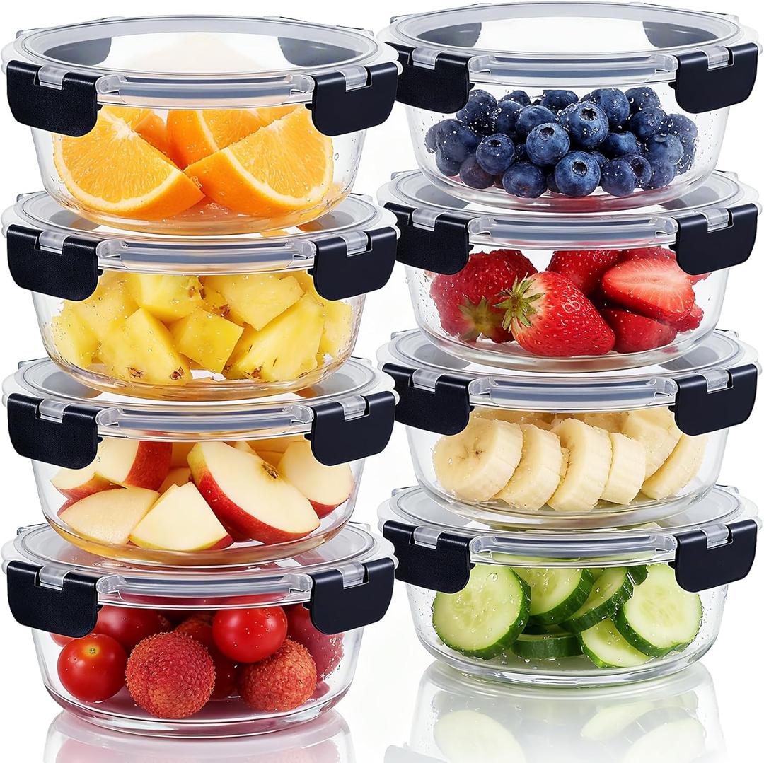 8 Pack Glass Meal Prep Containers, 32oz Round Food Storage Containers with Lids, Leak-Proof Meal Prep Bowls, Glass Food Container for Lunch, Microwave, Dishwasher, Freezer Safe, Black