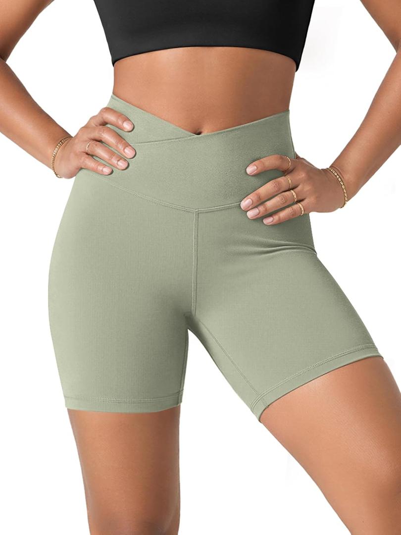 ODODOS Women's Crossover Yoga Shorts with Back Pocket, 6" Buttery Soft V High Waist Lounge Biker Shorts, Lime Stone, Small