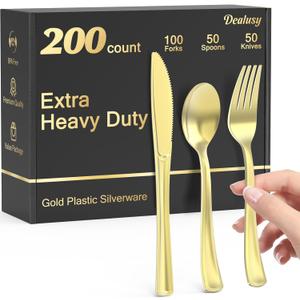 Dealusy 200 Count Heavy Duty Gold Plastic Silverware, 100 Forks, 50 Spoons, 50 Knives, BPA-Free, Heat Resistant, Disposable Plastic Utensils Set Cutlery Set, Plasticware Bulk