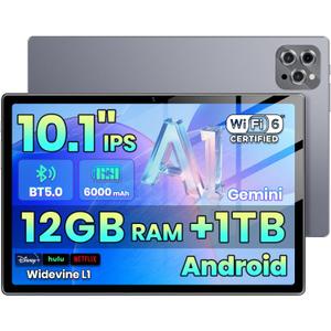 2026 Android Tablet with Gemini AI, 12GB+64GB+1TB Expand, 10.2inch Tablet,Octa-core CPU, Dual Camera, WiFi6, 6000mAh Battery2026,Widevine L1, Split Screen, Family & Work (Gray)