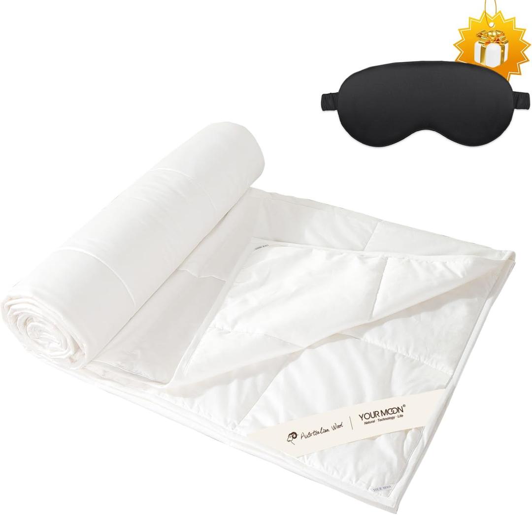 YOUR MOON Summer Lightweight Wool Comforter - Breathable & Thin Duvet Insert for Hot Sleepers, 100% Australian Wool Filling 100gsm with Pure Cotton Shell-Twin Size (White)