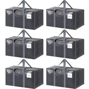 6 Pack Extra Heavy Duty Large Moving Bags with Strong Zipper & Comfortable Handles, Sturdy & Durable Clothes Storage Bags Totes Bins, Packing Moving Boxes for College Supplies, Gray