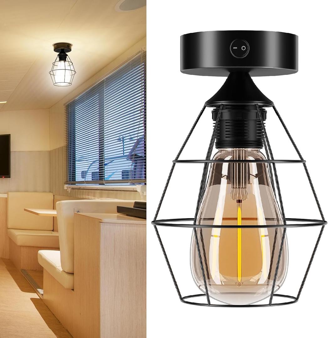 Vintage Black RV Light Fixtures, 12V Ceiling Light with ON/Off Switch, E26 Base for Camper, Motorhome, Trailer, and Boat,Classic Retro Style Interior Lighting,12-24V (Without Bulb)