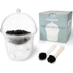Caviar Server Set with Lid and 2 Pcs Shell Spoons Glass Caviar Dish with Ice Holder Elegant Chiller Serving with Large Capacity for Shrimp Ice Cream Martinis and Cocktails Dishwasher Safety