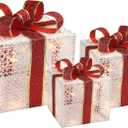 3-Piece Lighted Gift Boxes - Pre Lit Christmas Decoration with Ribbons for Indoor/Outdoor Use (8in) - Weather Resistant Yard Home Decor with Warm UL Lights