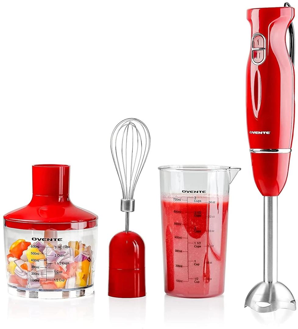OVENTE Immersion Hand Blender Set, 300W Corded Electric Handheld Stick Mixer, 2 Mixing Speeds with Stainless Steel Blades, Egg Whisk, Beaker & BPA-Free Food Chopper, Red HS565R