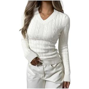 Verdusa Women's Cable Knit Sweater V Neck Long Sleeve Fitted Pullover Tops Business Casual Fall Outfits XXS