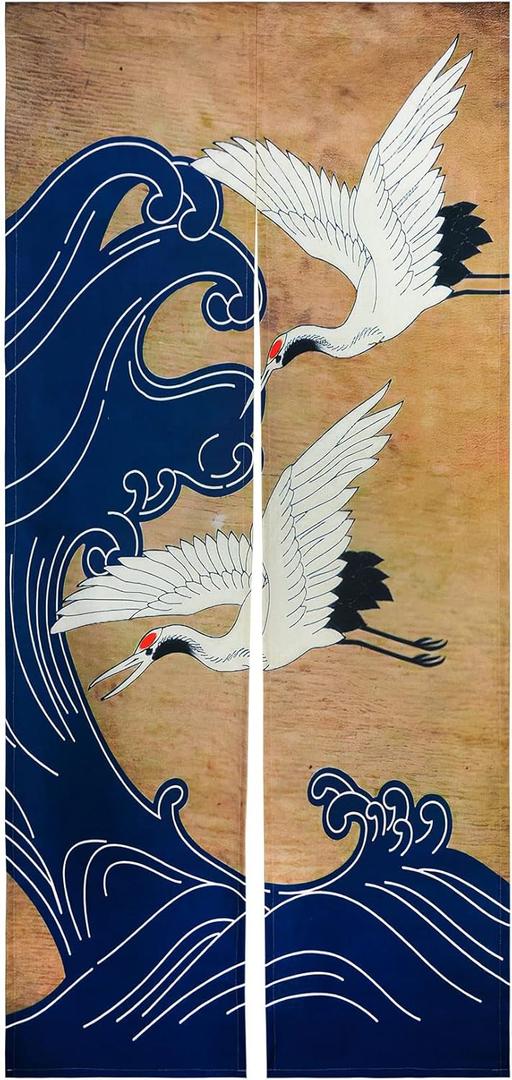 LIGICKY Retro Japanese Noren Doorway Curtain Linen White Crane Blue Wave Printed Asian Window Treatment Hanging Door Tapestry for Sushi Kitchen Home Decoration 33.5" Width x 70.9" Long