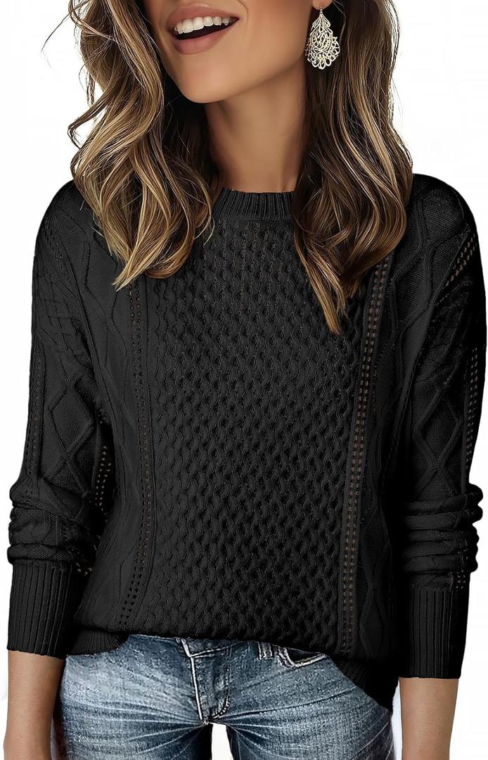 EVALESS Sweaters for Women Cable Knit Crewneck Pullover Sweater Tops Fall Winter Women's Clothing 2025 (Black, L)