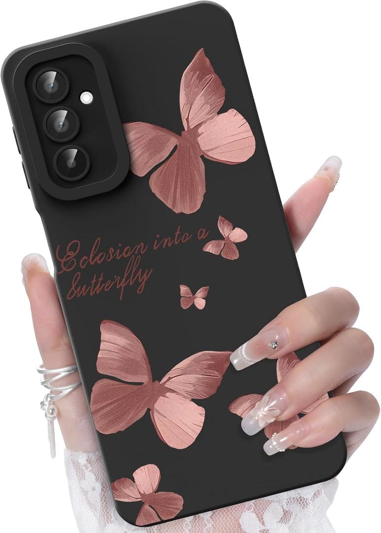 for Galaxy A15 5G Phone Case, Rose Gold Butterfly Pattern, Black