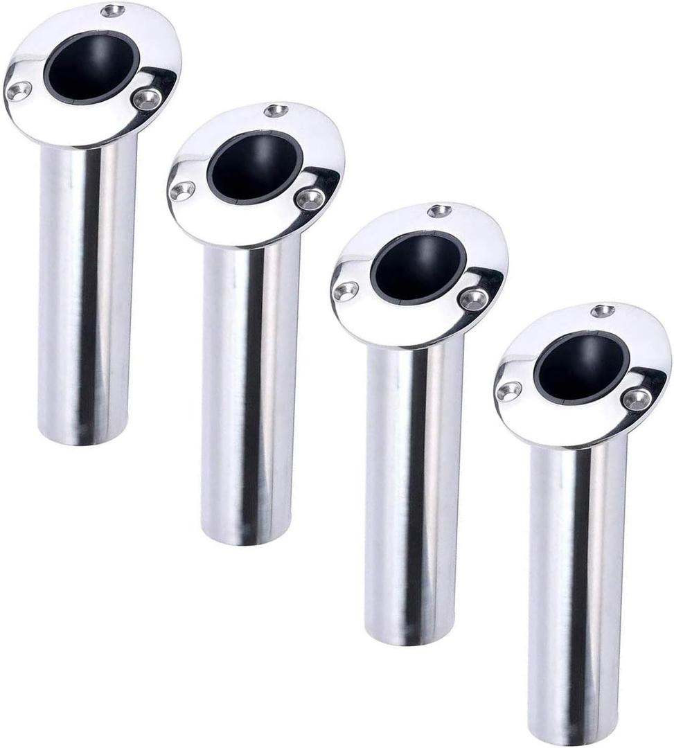 Amarine Made 4-Pack Heavy 316 Duty Stainless Steel Rod Holders with Drain, Flush Mount Fishing Rod Pole Holders, 30 Degree, 15degree, 90 Degree (15 Degree)