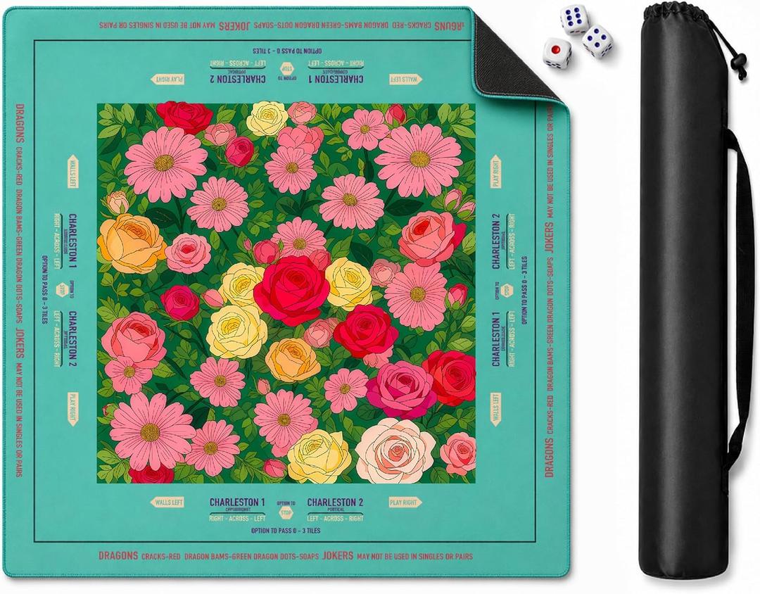 Red Rose Mahjong Mat 33x33 Inch, Floral Mahjong Mat with Carry Bag, Non-Slip Noise Reducing Waterproof Mahjong Table Mat for American Mahjong, Poker & Board Games