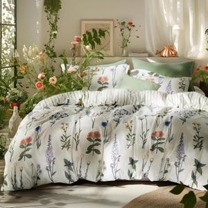 Bedsure Comforter Set King Size - Cute Floral Bedding Comforter Set, 3 Pieces, 1 Soft Reversible Coconut White Botanical Flowers Comforter and Pillow Shams