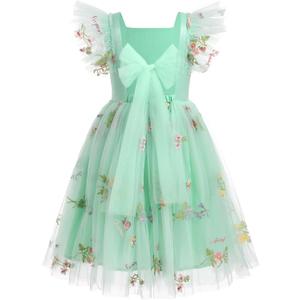 Toddler Flower Girl Dress for Wedding Floral Butterfly Daisy Flutter Sleeve Princess Birthday Tea Party Sundress (Green, S)