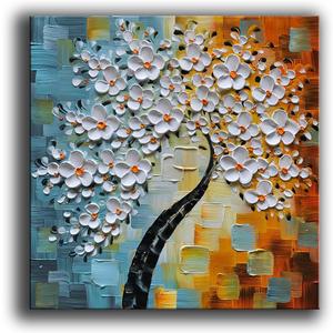 YaSheng Art - hand-painted Oil Painting On Canvas white Flowers Paintings Modern Home Interior Decor Abstract Art picture Ready to hang 24x24inch (24L" x 24W", YS-0019)